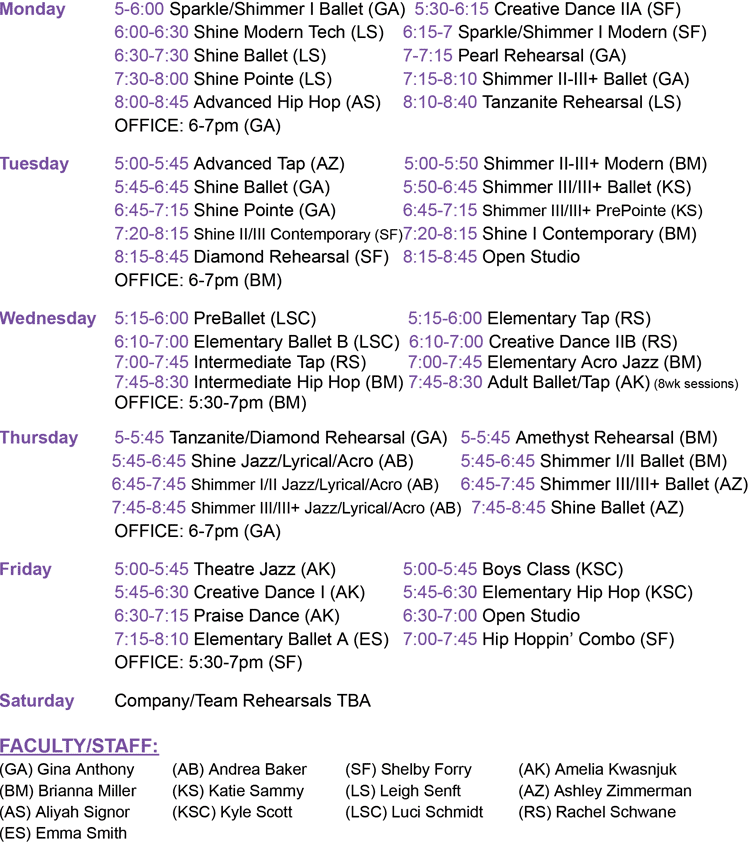 Dance Class Schedule for 2025-2026