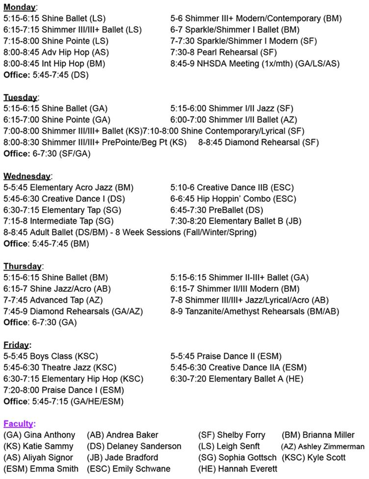 Dance Class Schedule for 2026-2027